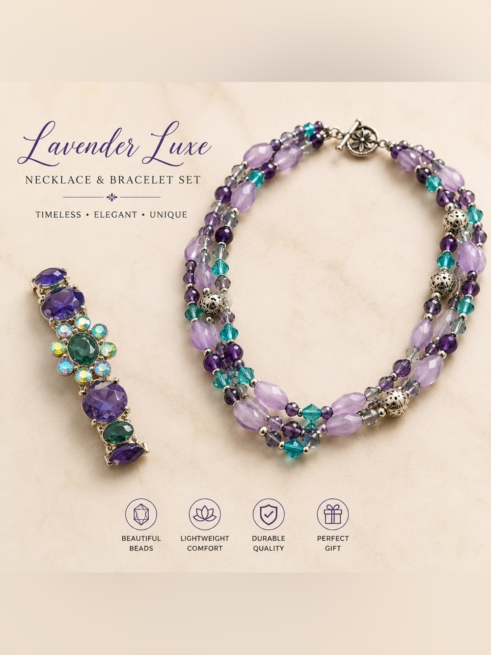 2pc set Purple & Teal Triple-Strand Beaded Necklace